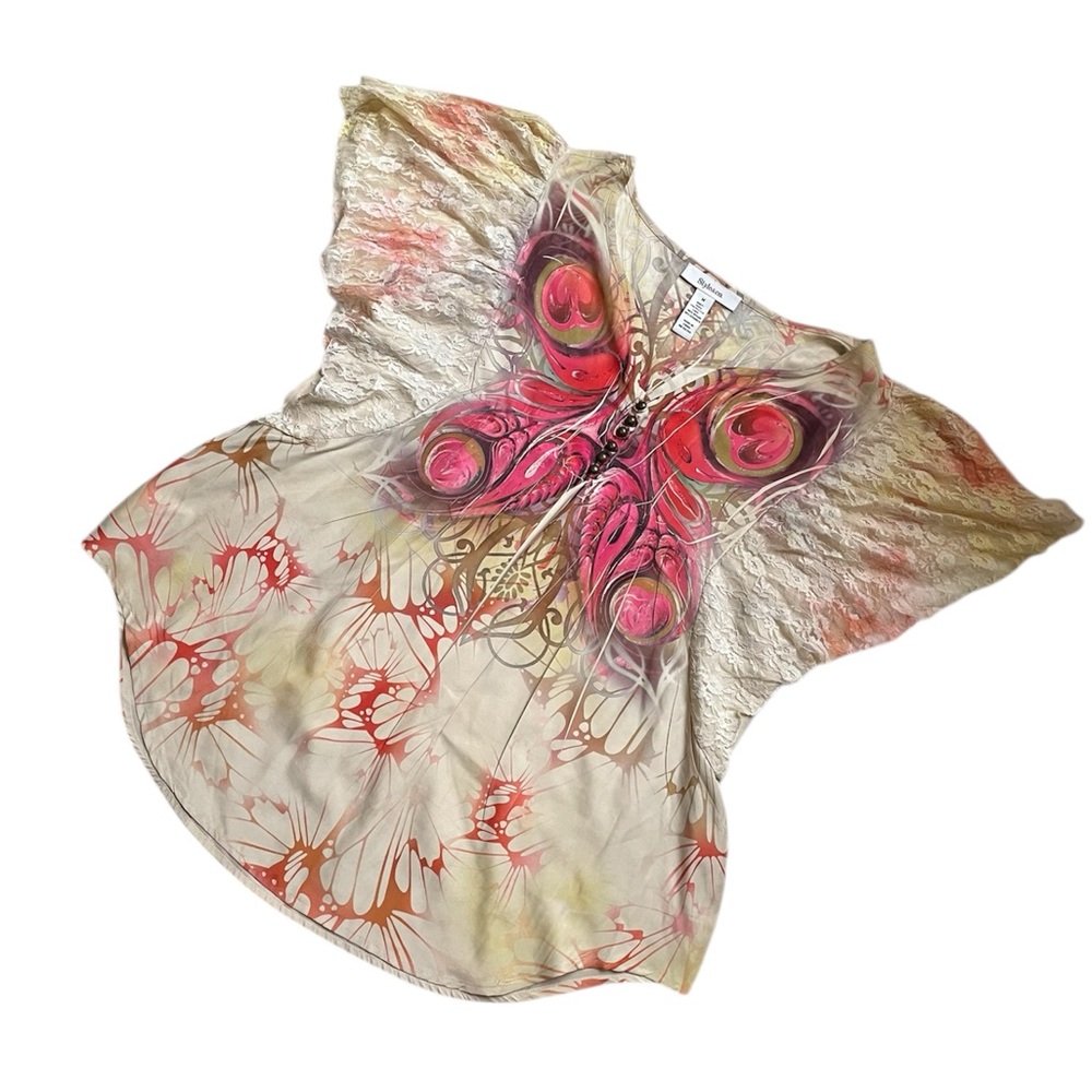Womens Style & Co beautiful boho butterfly print lace sleeve top - Picture 4 of 15